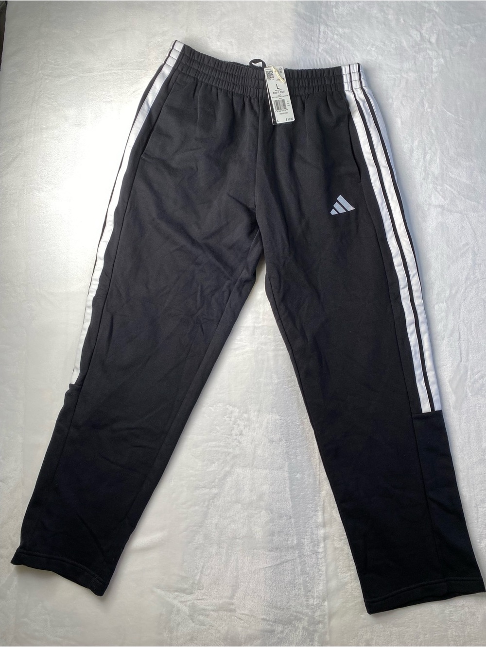 Adidas Men’s Black Track Pants with White Stripes Size L